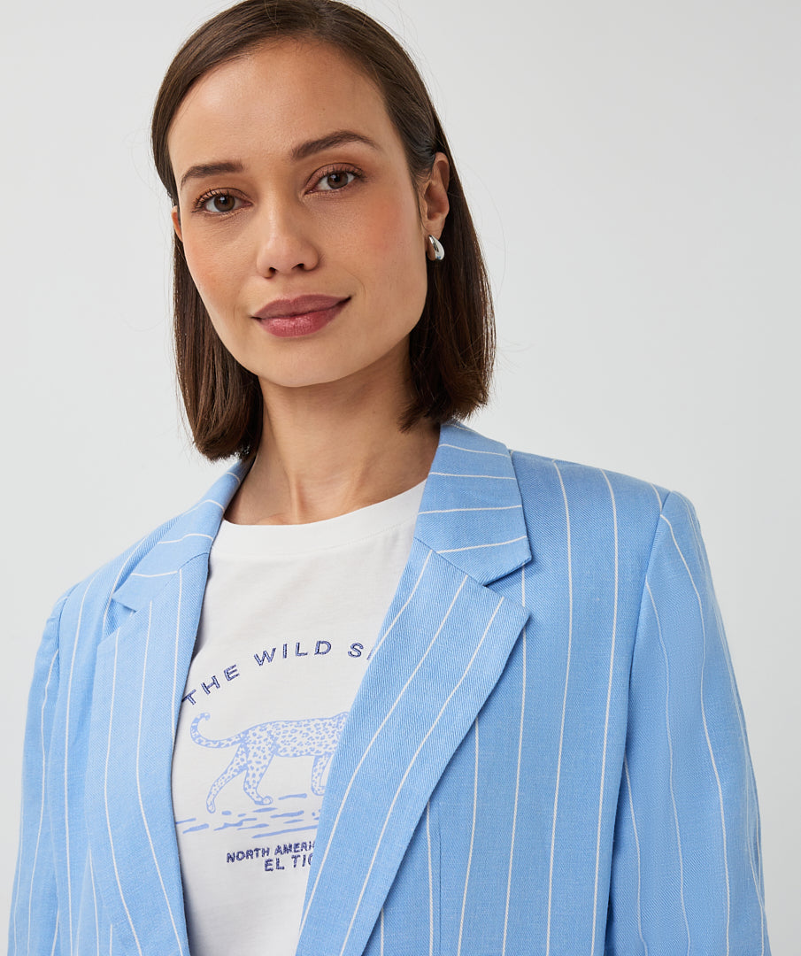 Striped Linen Blazer by EsQualo Blazer EsQualo Blue Stripe