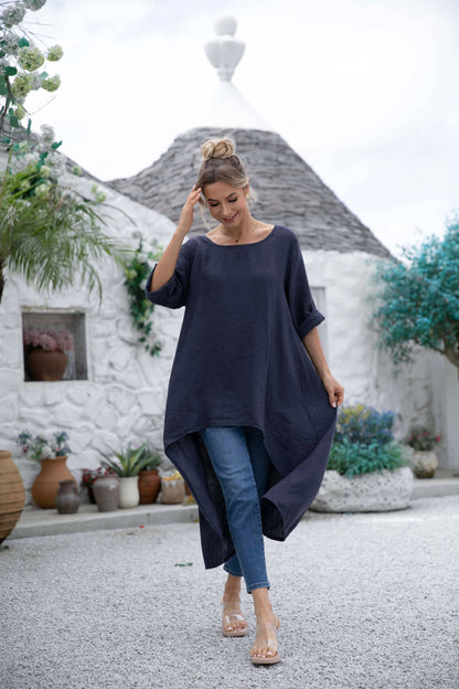 Linen Top with High-Low Hem by Orange Fashion Village