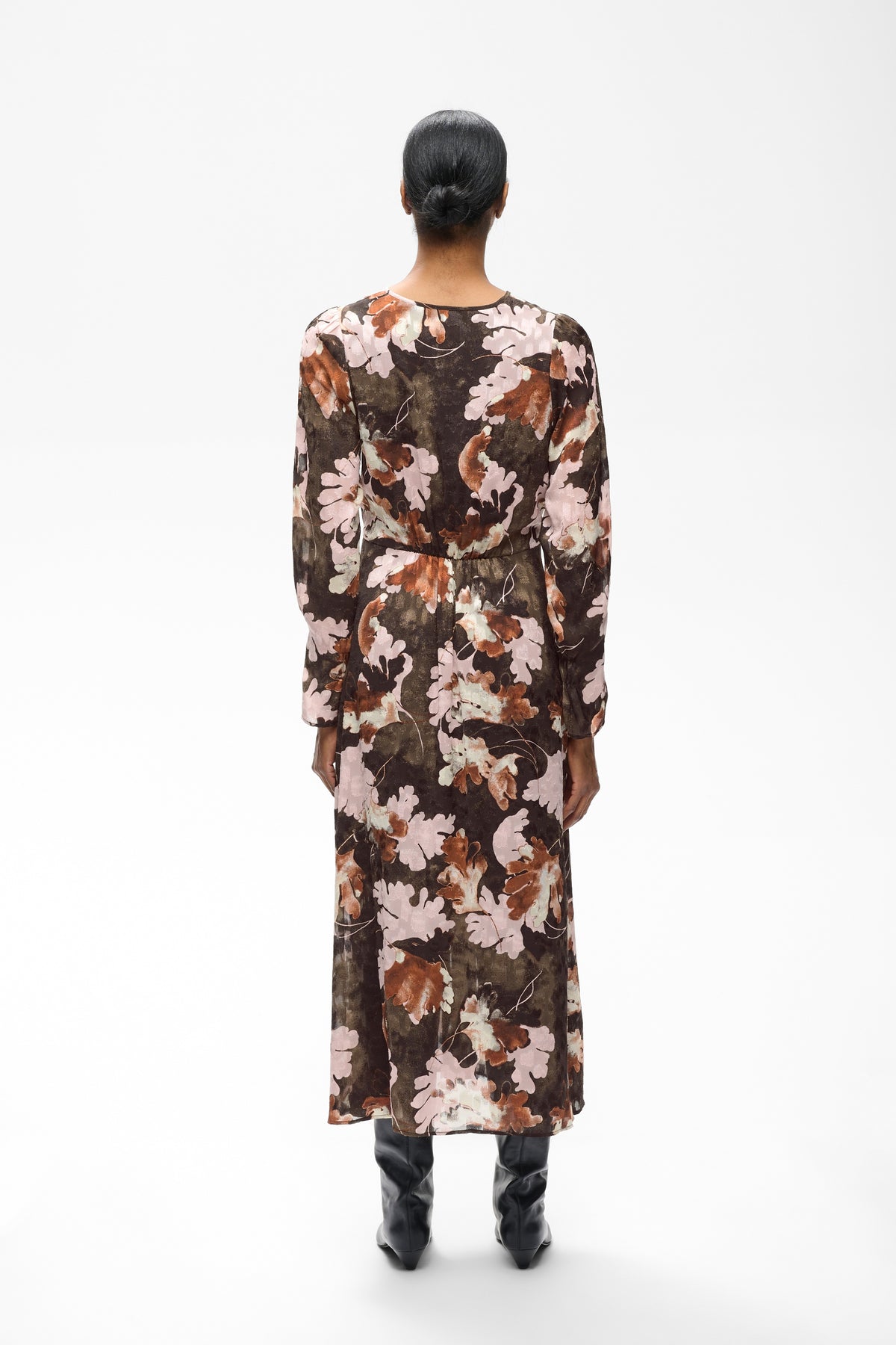 Mason Printed Dress by InWear in Brown W Pink Fall Leaves — Lookbook Back (450)
