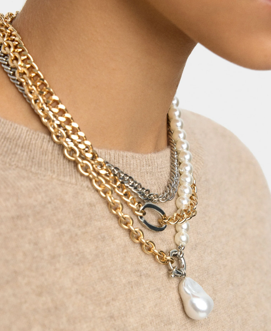 HoopLa - Triple Stack- Necklaces 3 Chains stacked PVD Carabiner Pearl Jewelry HoopLa