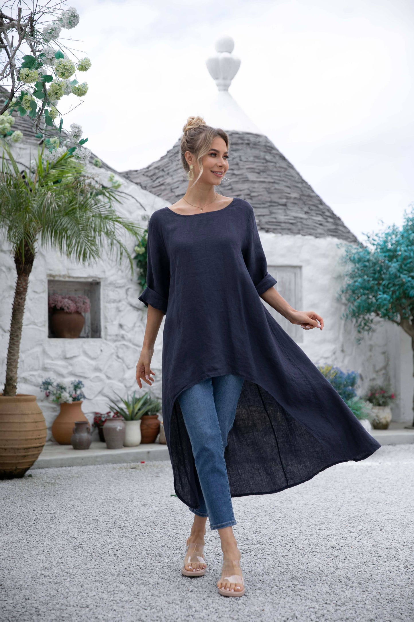 Linen Top with High-Low Hem by Orange Fashion Village