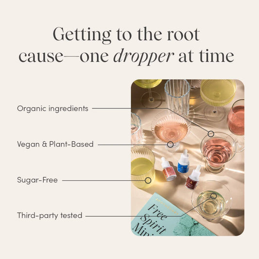 Product packaging with droppers and glasses on a table, labeled for organic ingredients, vegan & plant-based, sugar-free, and third-party tested.