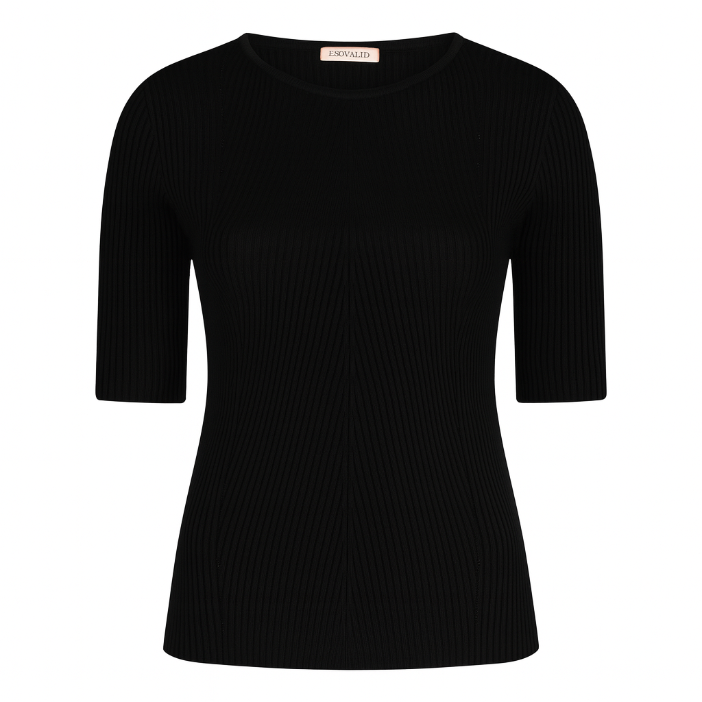 Black ribbed knit top on a white background