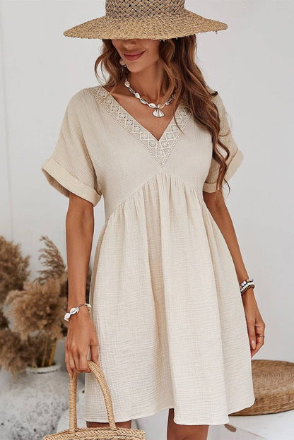 Short Sleeve Lace V Neck Mini Dress