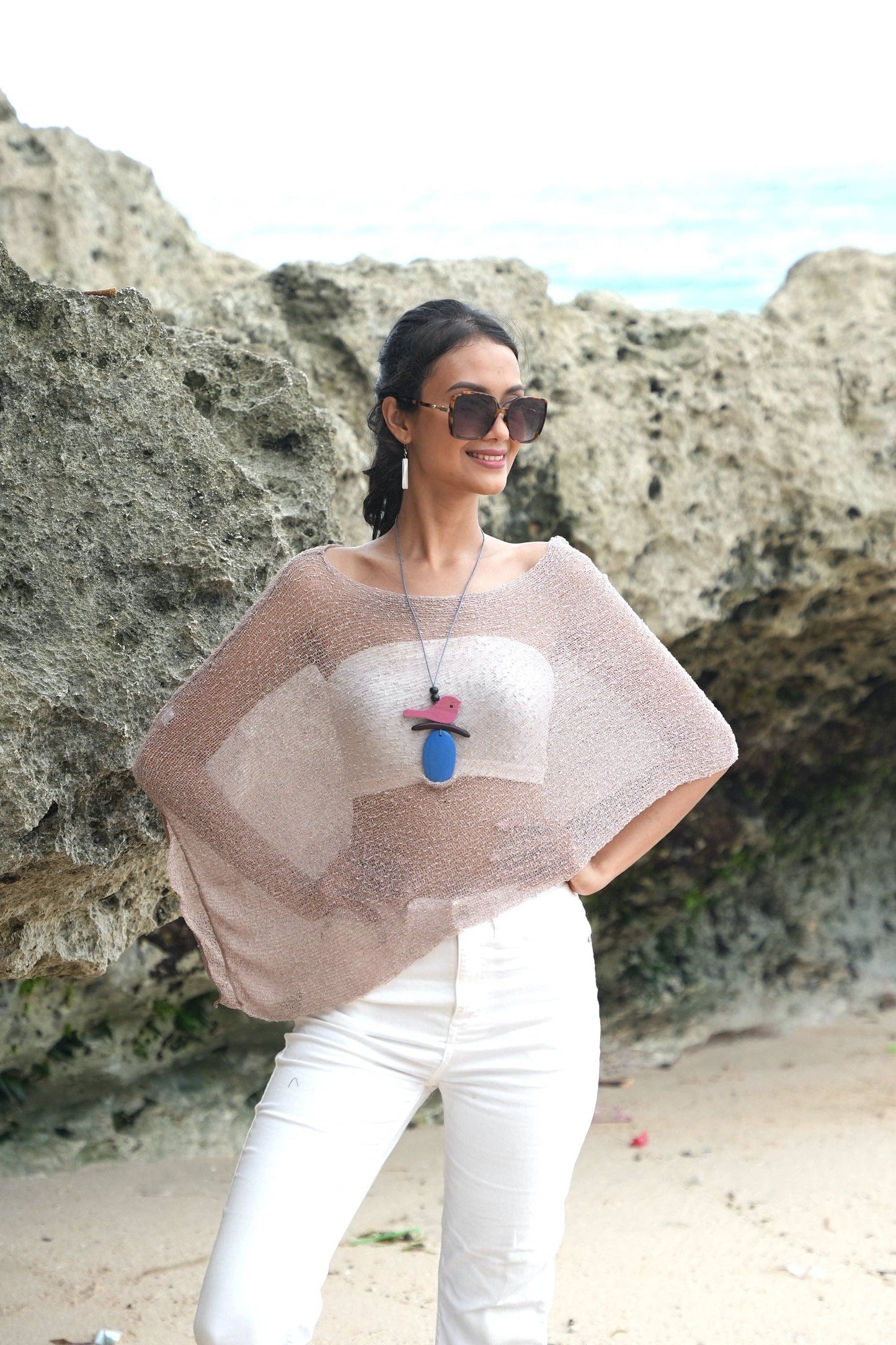 Suzie Blue Canada - Sheer Mesh Poncho - Taupe