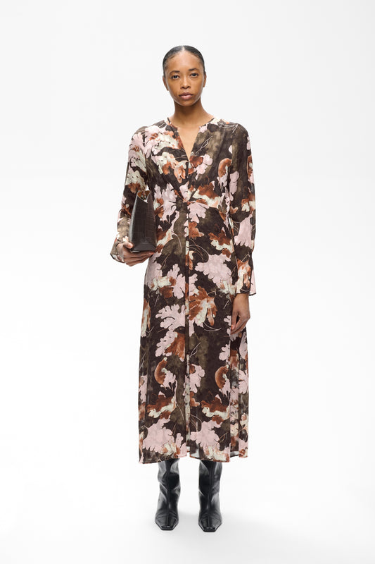 Mason Printed Dress by InWear in Brown W Pink Fall Leaves — Lookbook Front (400)