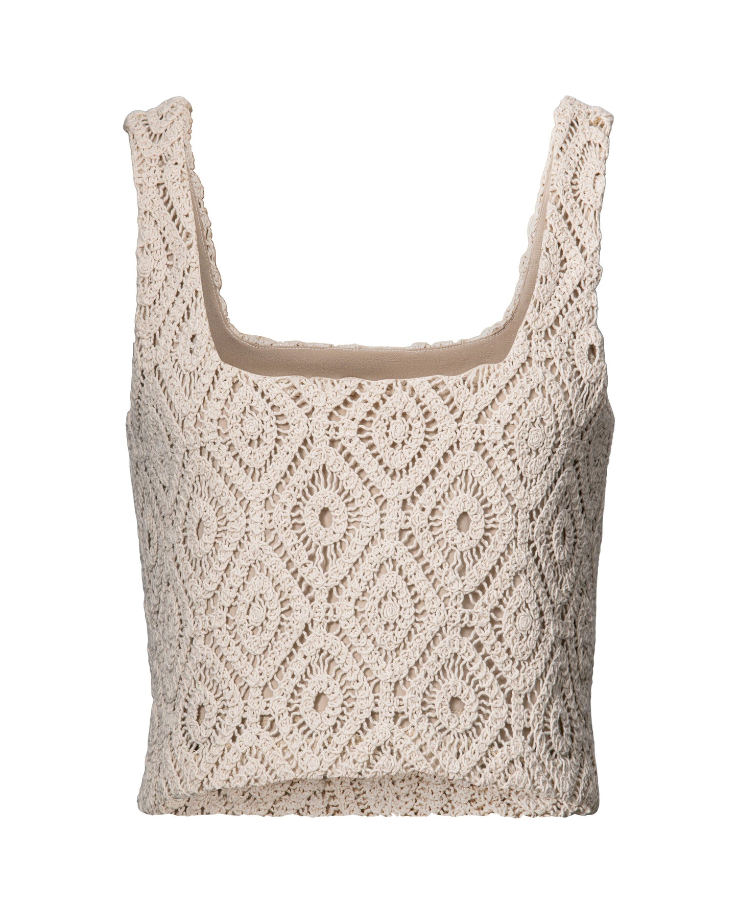 Beige crochet tank top for women by Hilary MacMillan