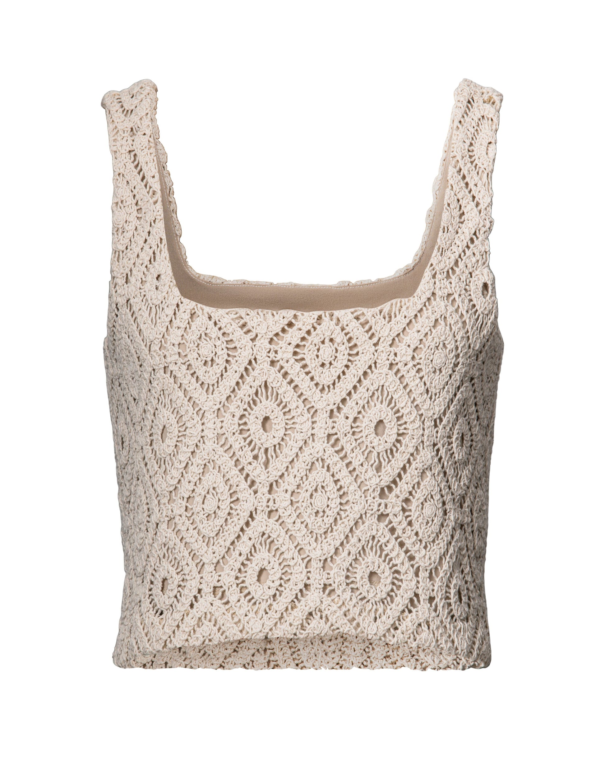Beige crochet tank top for women by Hilary MacMillan