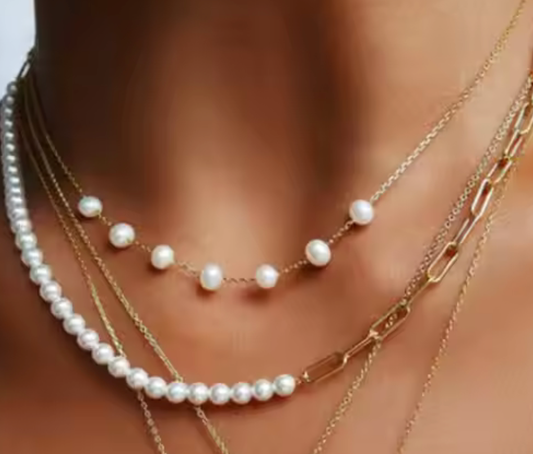 HoopLa - Sinann- Pearl Station Necklace Stainless Steel 14K Gold HoopLa