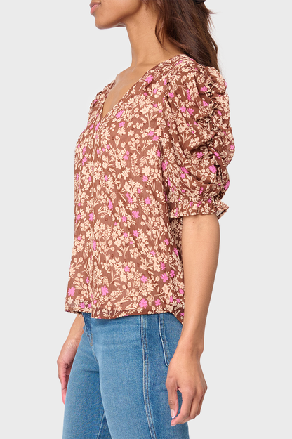 Rouched Sleeve Chiffon V-neck Blouse by Gibsonlook