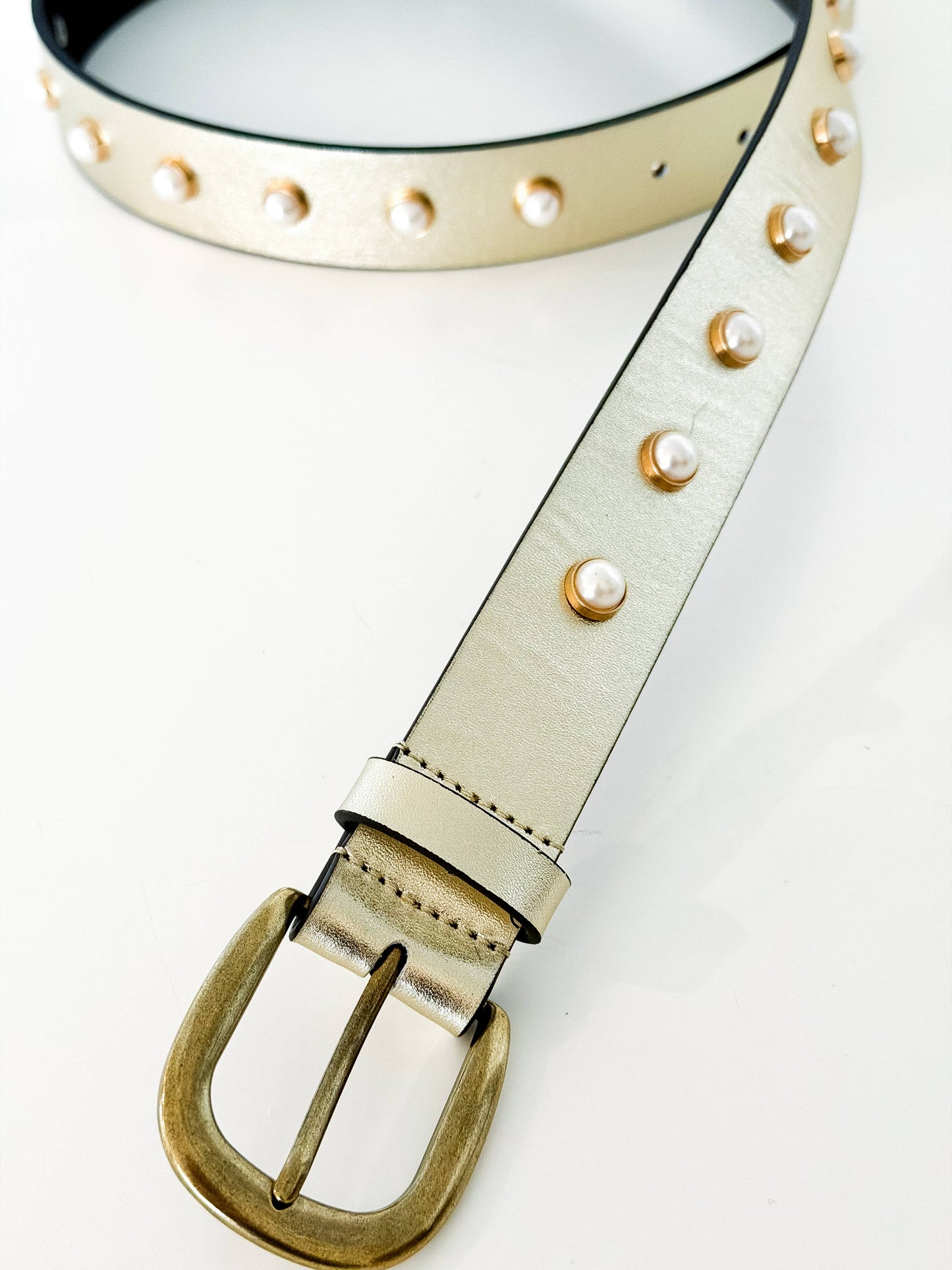 Gold Leather and Pearl Studded Belt by Ginger Blue