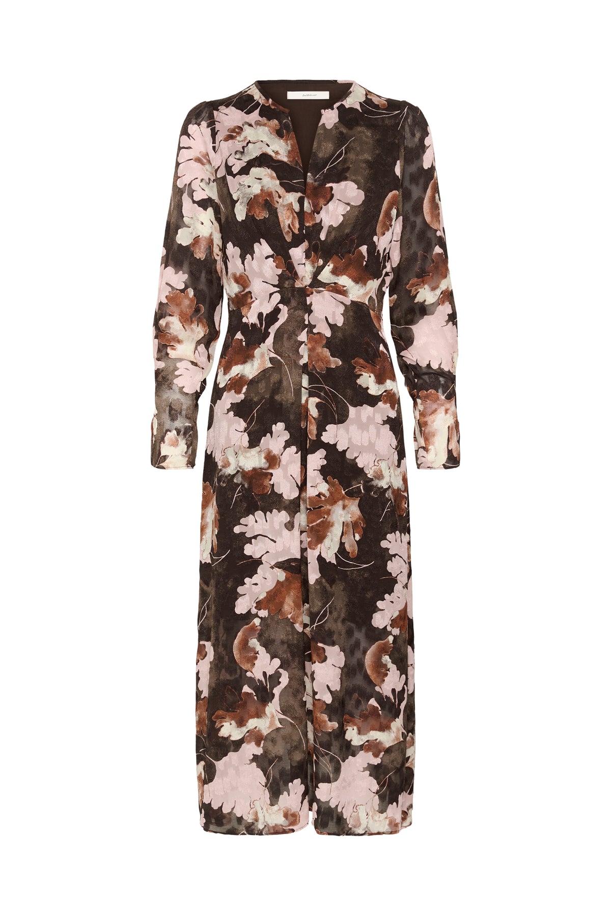 Mason Printed Dress by InWear in Brown W Pink Fall Leaves — Pack Front (100)