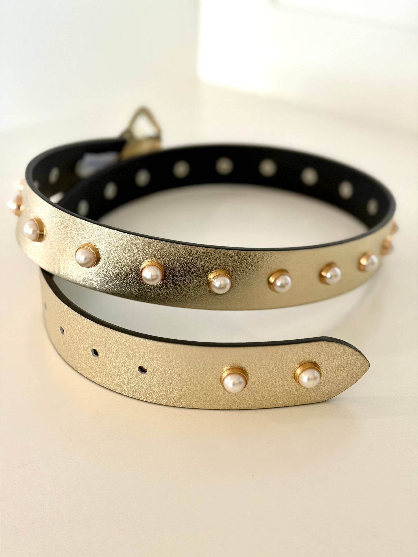 Gold Leather and Pearl Studded Belt by Ginger Blue