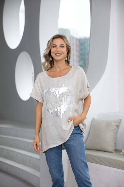 Silver Heart Linen Top by Orange Fashion Village