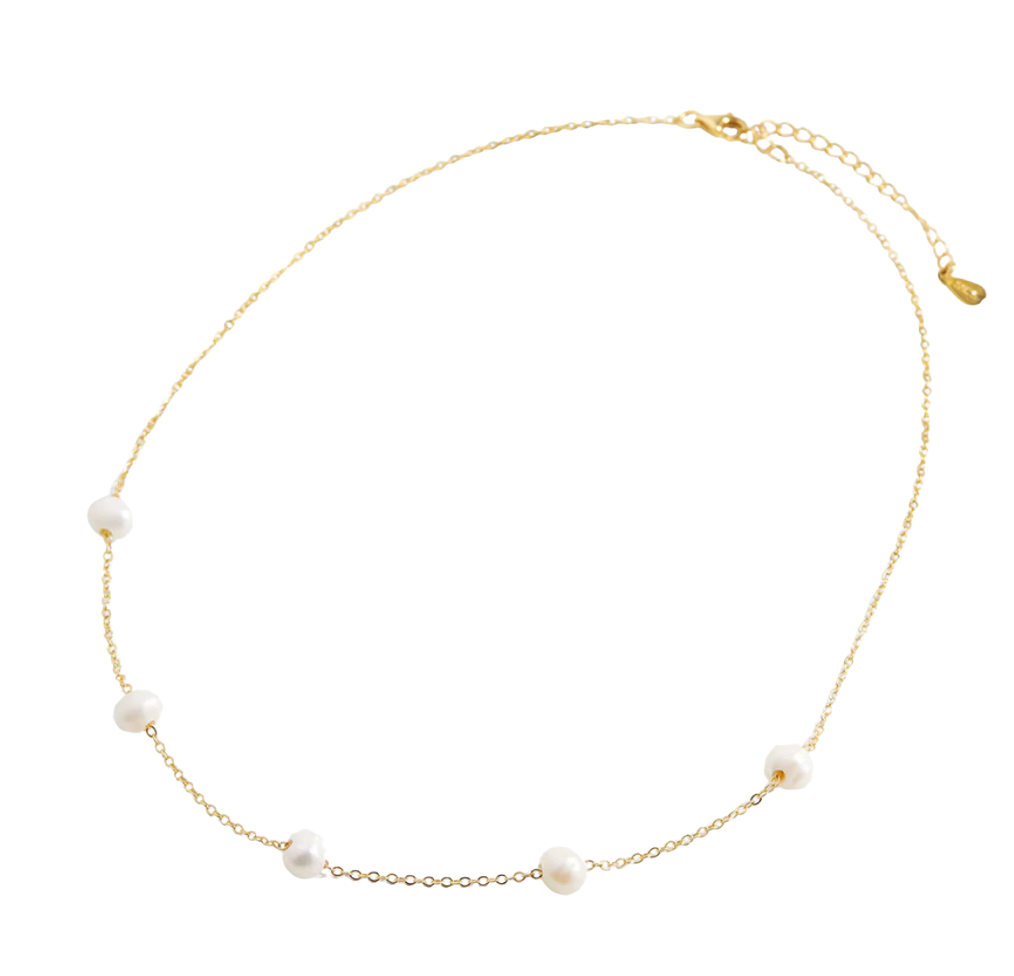 Sinann Pearl Station Necklace in 14K Gold Necklace HoopLa Style