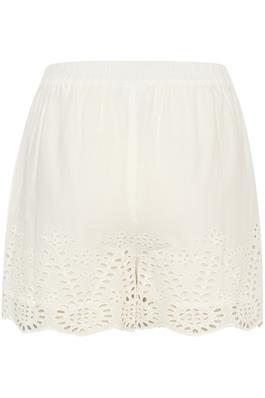 White women’s eyelet shorts with elastic waist and scalloped cutwork hem, lightweight summer pull-on style.
