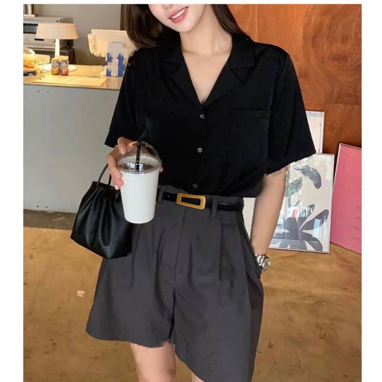 Leather Belt with Gold Geometric Buckle Belts Q&C Distribution