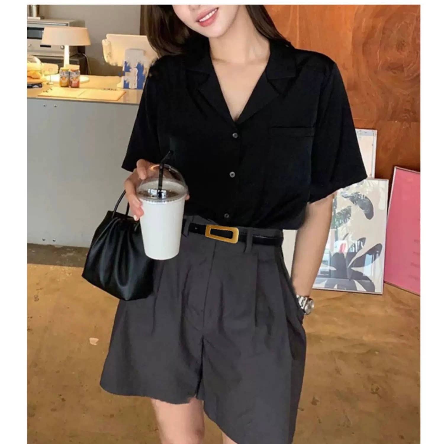 Leather Belt with Gold Geometric Buckle Apparel Q&C Distribution