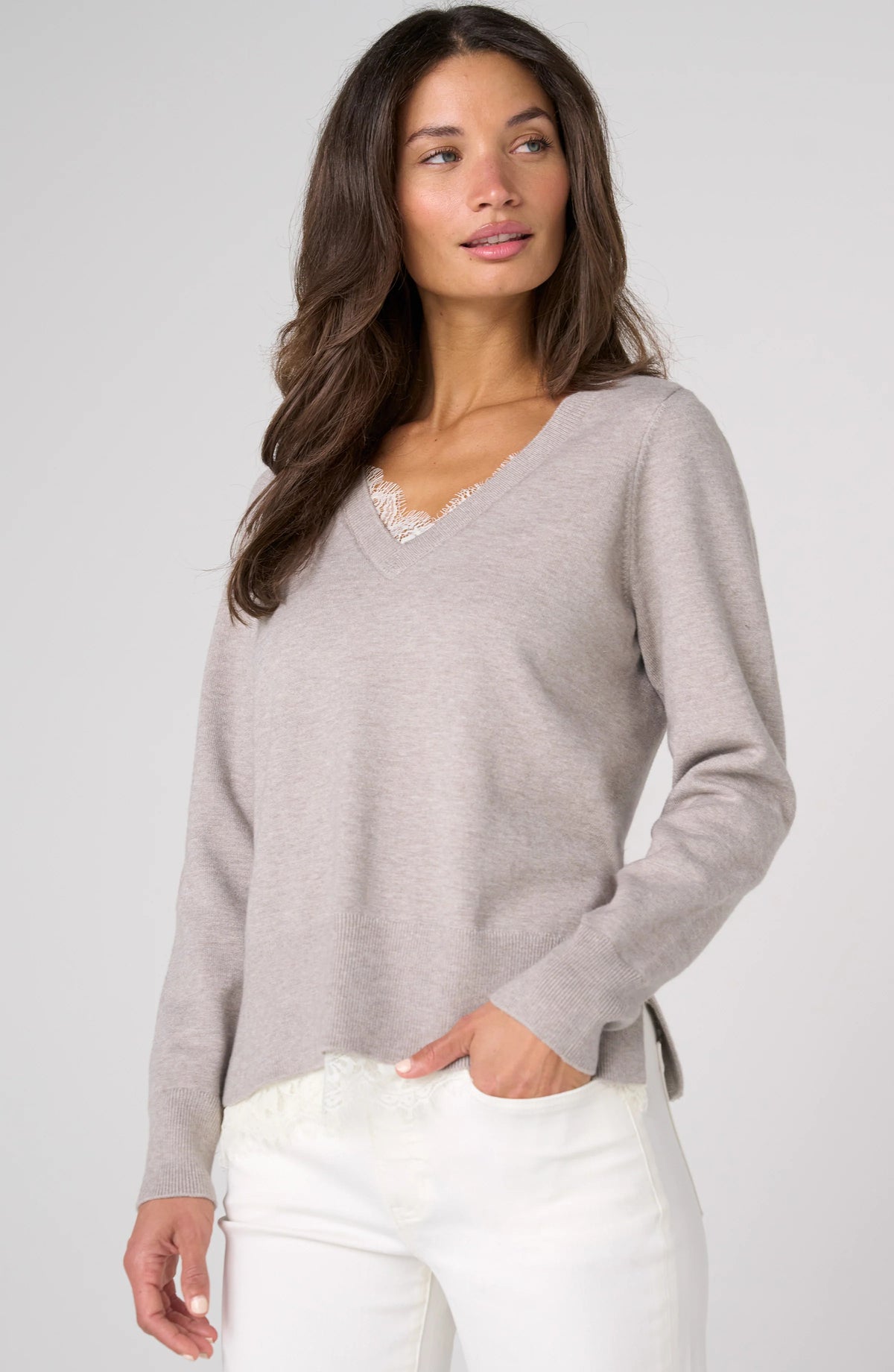 Lace Trim Sweater by Liverpool Knits & Sweaters Liverpool Gray