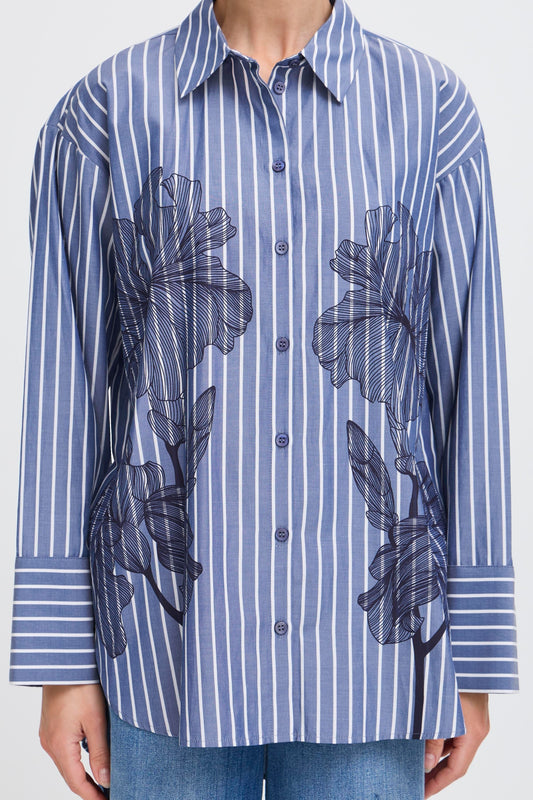 Blue and white striped shirt with floral patterns 