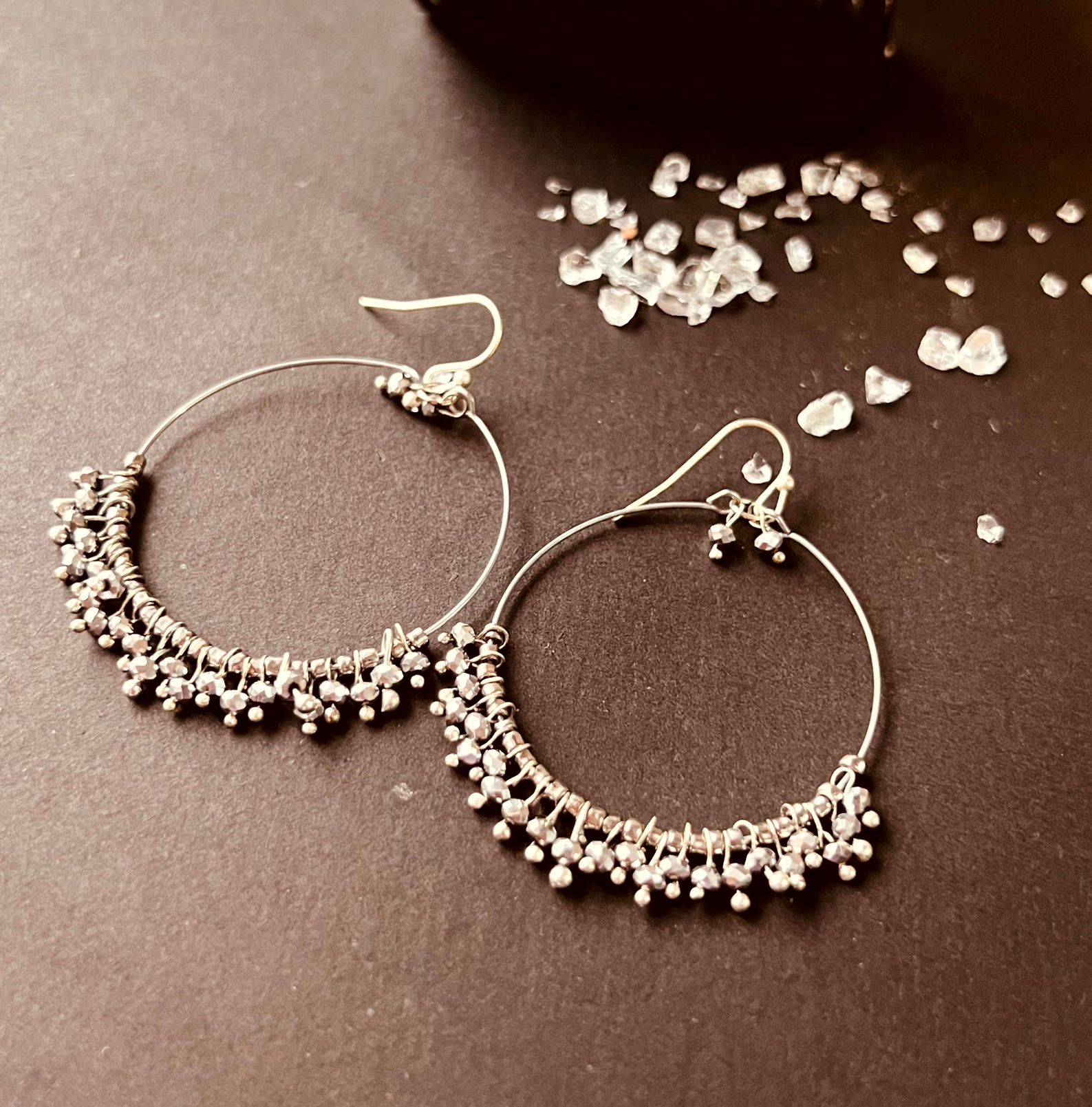 earrings with tiny beads on 2 inch diameter silver hoop